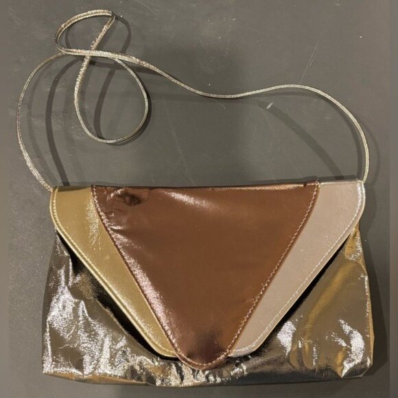 Vintage Gold Silver Bronze Metallic Envelope Crossbody Leather Clutch‎ Purse - Picture 6 of 12